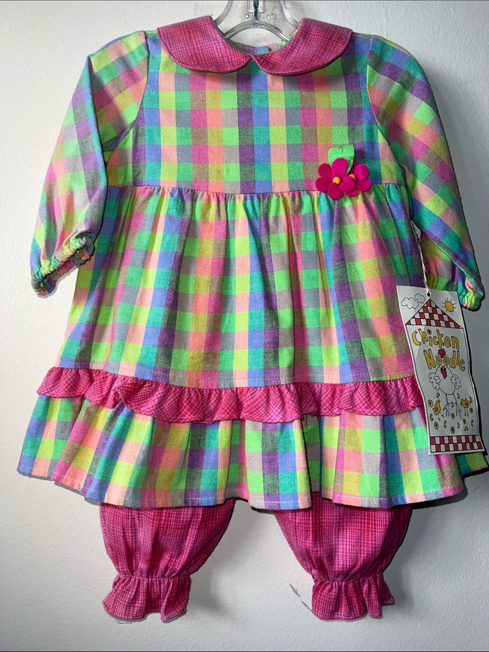 VTG Chicken Noodle Girls Pastel Plaid Dress Set with Pink Bloomers NOS 12M
